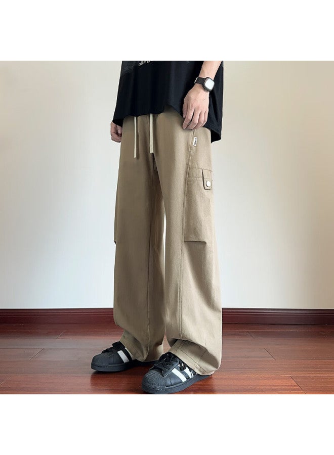 Izexx Men's American Style Casual Pants Spring Loose Straight Leg Versatile Curved Pocket Pure Cotton Work Trousers Sk02 Light Brown L - Image 2