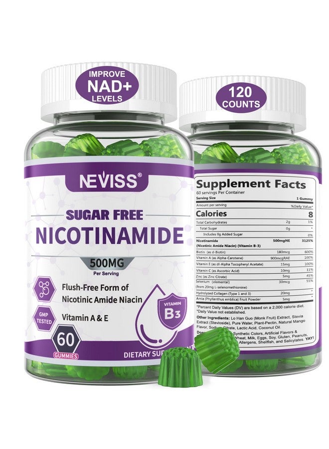 NEVISS جواهر نيكوتيناميد خالية من السكر 500 ملغ، (نياسين خالي من الاحمرار) مكمل فيتامين ب3 نيكوتيناميد لطاقة الخلايا والتمثيل الغذائي والإصلاح، الحيوية، الشيخوخة الصحية، بنكهة التوت البري، سهل المضغ، 120 حبة - Image 1
