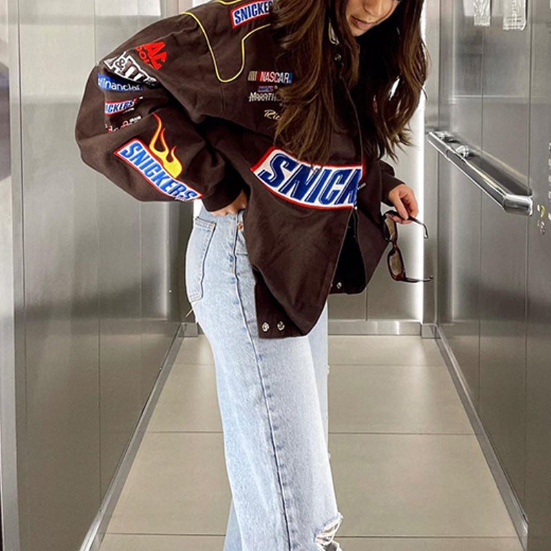2022 Jacket Motorcycle Style Color-Matching Printing Casual Loose Long-Sleeved Coat Jacket - Image 3