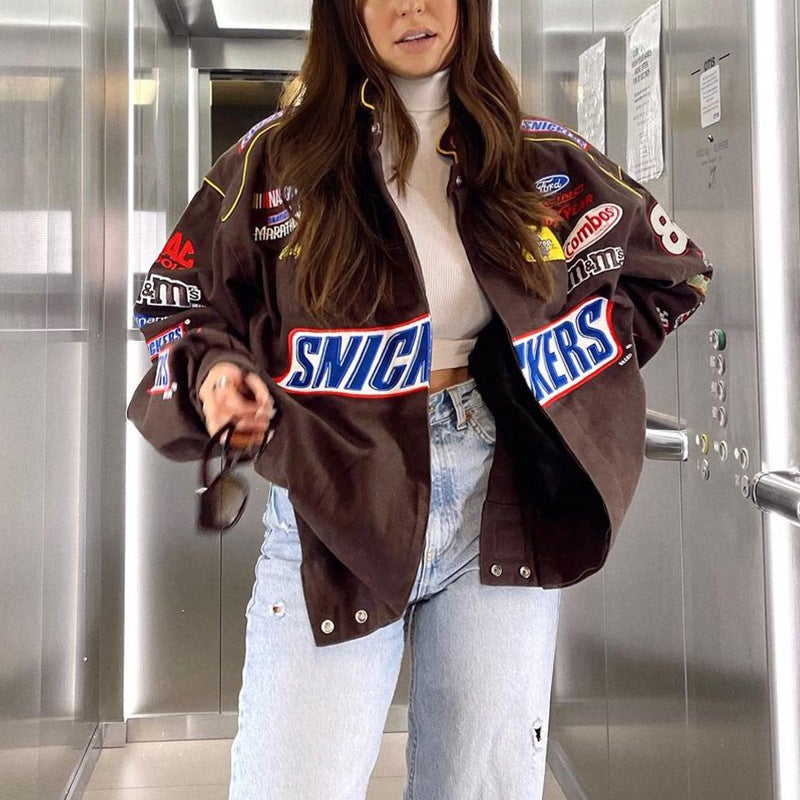 2022 Jacket Motorcycle Style Color-Matching Printing Casual Loose Long-Sleeved Coat Jacket - Image 2