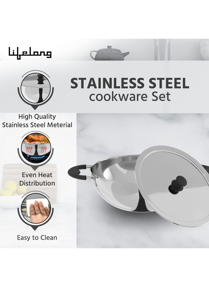 Lifelong Lifelong 3 pc Cookware | 2 Litre Stainless Steel Kadhai with SS Lid 23 CM| 1.2 Litre Stainless Steel Sauce Pan 16 CM| 1.2 litres Stainless Steel Fry Pan 23 CM| Bakelite Handles (LLSSCK01)  - Image 4