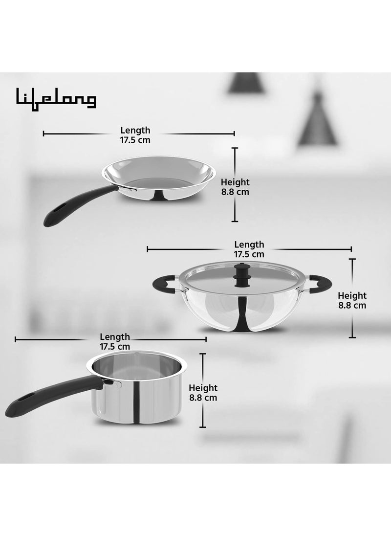 Lifelong Lifelong 3 pc Cookware | 2 Litre Stainless Steel Kadhai with SS Lid 23 CM| 1.2 Litre Stainless Steel Sauce Pan 16 CM| 1.2 litres Stainless Steel Fry Pan 23 CM| Bakelite Handles (LLSSCK01)  - Image 3