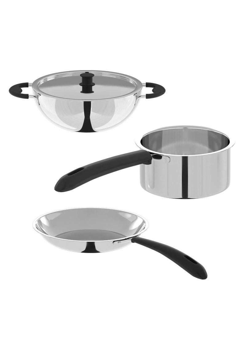 Lifelong Lifelong 3 pc Cookware | 2 Litre Stainless Steel Kadhai with SS Lid 23 CM| 1.2 Litre Stainless Steel Sauce Pan 16 CM| 1.2 litres Stainless Steel Fry Pan 23 CM| Bakelite Handles (LLSSCK01)  - Image 1
