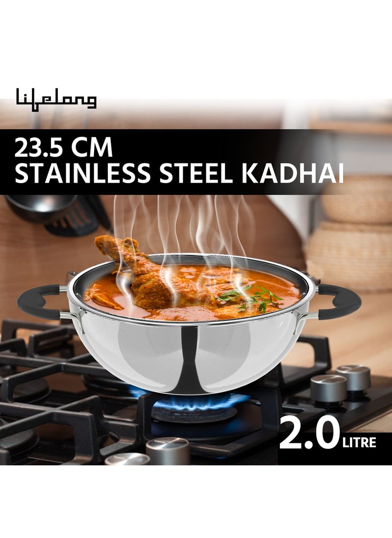 Lifelong Lifelong 3 pc Cookware | 2 Litre Stainless Steel Kadhai with SS Lid 23 CM| 1.2 Litre Stainless Steel Sauce Pan 16 CM| 1.2 litres Stainless Steel Fry Pan 23 CM| Bakelite Handles (LLSSCK01)  - Image 5