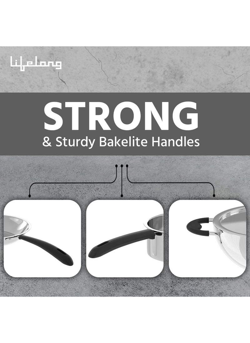 Lifelong Lifelong 3 pc Cookware | 2 Litre Stainless Steel Kadhai with SS Lid 23 CM| 1.2 Litre Stainless Steel Sauce Pan 16 CM| 1.2 litres Stainless Steel Fry Pan 23 CM| Bakelite Handles (LLSSCK01)  - Image 2