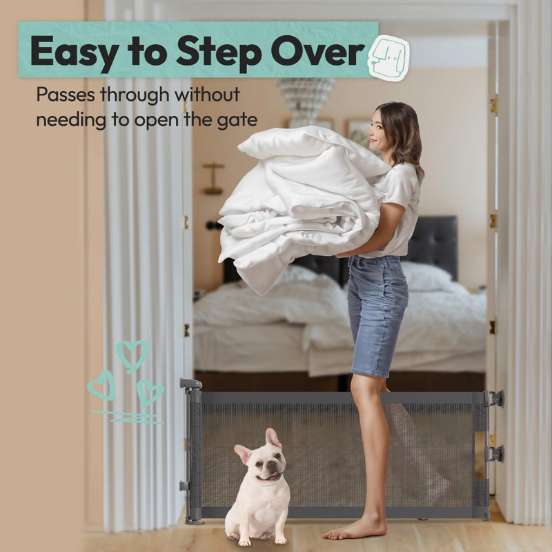 POMESEA 15.7" H Mesh Short Dog Gate, Extends Up to 59" W Retractable Pet Gate with Drill Installation, Small Dog Gate for Stairs, Easy Step Over Low Puppy Gate for Doorways Indoor Outdoor, Grey - Image 2