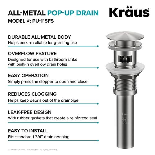 KRAUS Pop-Up Drain for Bathroom Sink with Overflow in Spot-Free Stainless Steel, PU-11SFS - Image 2