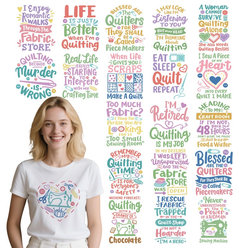 INCOK Funny Quilting DTF Transfers Ready to Press - 20 PCS Iron on Transfers for T Shirts Humorous Quotes Iron on Decals Stickers for Sewing Lovers DIY Hoodie Bag Dress Hat Jeans Craft - Image 1