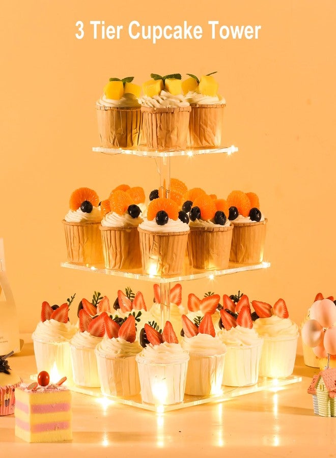 HENABLE 3 Tier Cupcake Stand Cupcake Holder, Acrylic Cupcake Tower with LED Yellow Light for 24 Cupcakes, Dessert Table Display Set for Birthday, Bar, Decor Weddings, Parties Events - Image 2