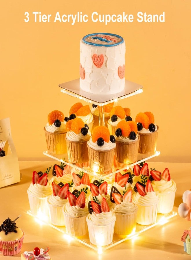 HENABLE 3 Tier Cupcake Stand Cupcake Holder, Acrylic Cupcake Tower with LED Yellow Light for 24 Cupcakes, Dessert Table Display Set for Birthday, Bar, Decor Weddings, Parties Events - Image 3
