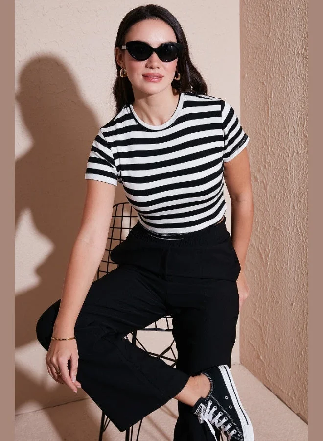 Lela Lela Slim Fit Crew Neck Striped Crop T Shirt Women's T-Shirt 5866110