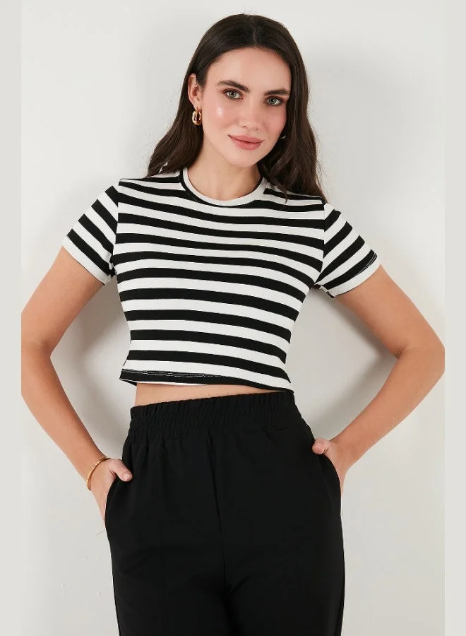 Lela Lela Slim Fit Crew Neck Striped Crop T Shirt Women's T-Shirt 5866110