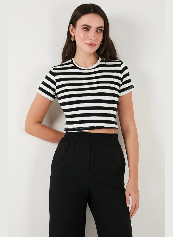 Lela Lela Slim Fit Crew Neck Striped Crop T Shirt Women's T-Shirt 5866110