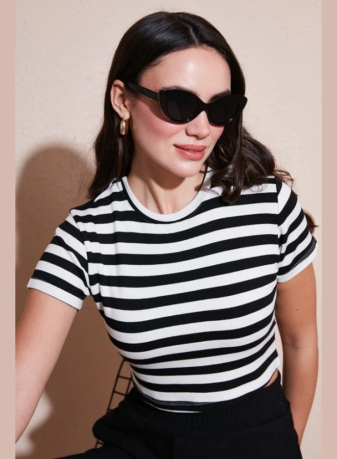 Lela  Lela Slim Fit Crew Neck Striped Crop T Shirt Women's T-Shirt 5866110 for Women | Best Price UAE