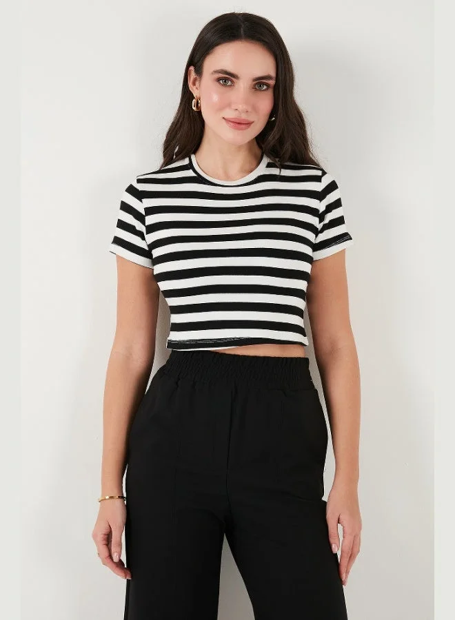 Lela  Lela Slim Fit Crew Neck Striped Crop T Shirt Women's T-Shirt 5866110 for Women | Best Price UAE