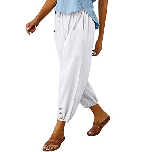 WROLEM Womens Cropped Pants Drawstring Waist Wide Leg Lightweight Comfort Capris Summer Casual Vacation Trousers with Pockets White - Image 1