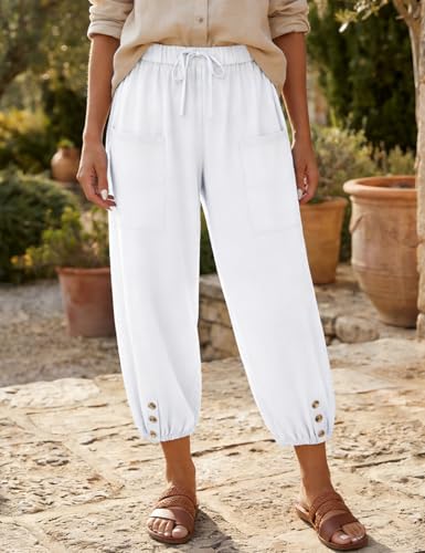 WROLEM Womens Cropped Pants Drawstring Waist Wide Leg Lightweight Comfort Capris Summer Casual Vacation Trousers with Pockets White - Image 3
