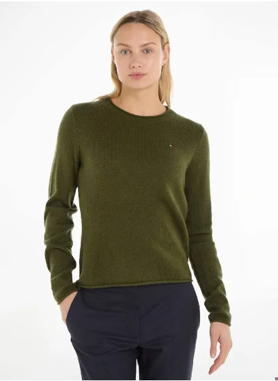 TOMMY HILFIGER Women's Crew Neck Wool Jumper Sweater, Green
