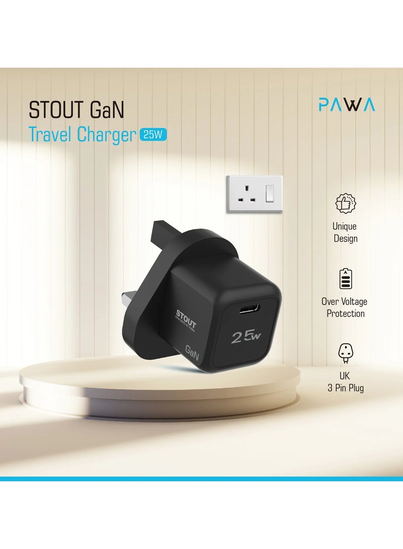 باوا شاحن ستاوت جان للسفر مزود بمنفذ PD واحد بقدرة 25 واط / حماية من الحريق / حماية من درجات الحرارة المنخفضة / حماية من قصر الدائرة الكهربائية / حماية من التفريغ / حماية من زيادة التيار / تصميم فريد / شحن سريع - أسود - Image 2