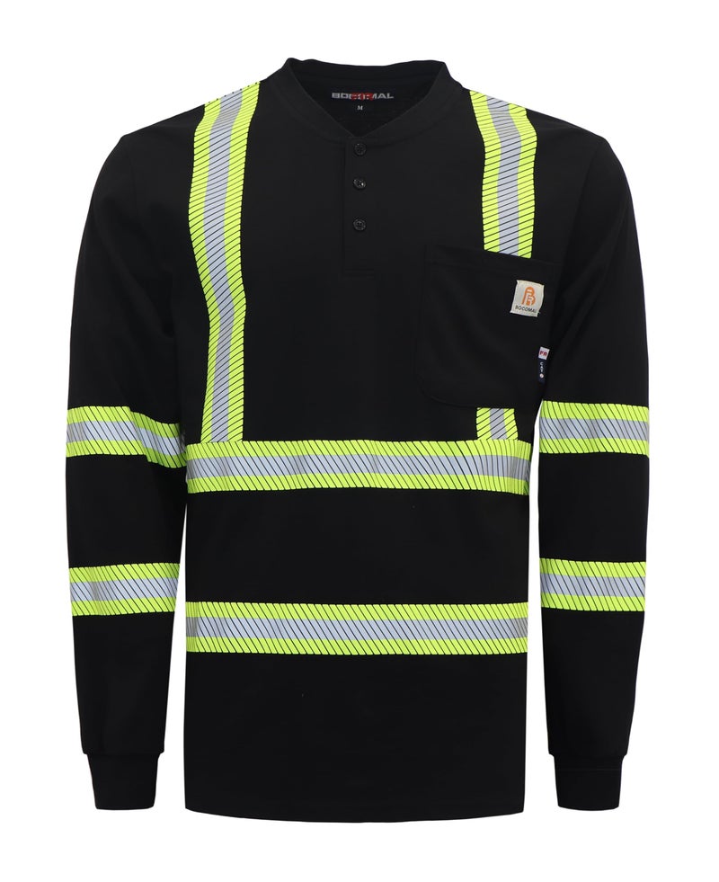 BOCOMAL FR Shirts High Visibility/Hi Vis Reflective Flame Resistant/Fire Retardant Shirt 7oz Black Men's Safety Shirts - Image 1