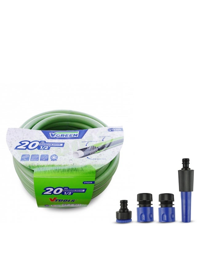 VTOOLS 20m Garden Hose, 1/2 Inch PVC Layer With 5 PC Hose Connector Set - Image 1