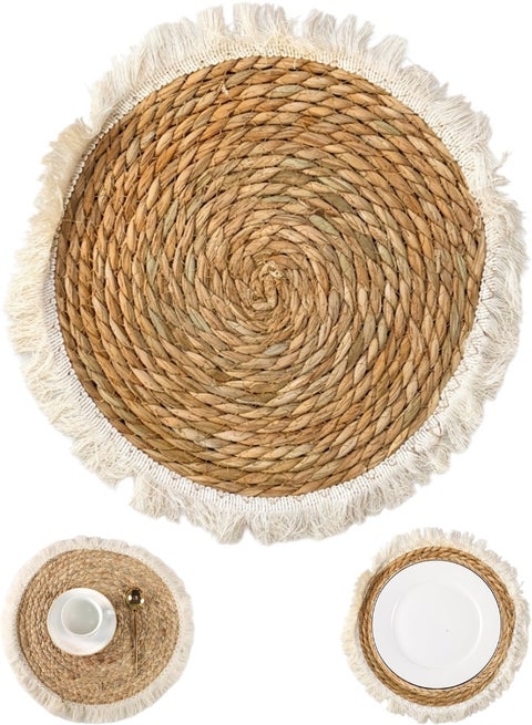 Handwoven Natural Wicker Round Table Placemat 39cm – Bohemian Jute & Rattan Charger Plate Mat with Cotton Tassels, Heat Resistant Table Protector for Hot Dishes, Rustic Farmhouse Dining Table Decor for Kitchen, Coffee Table, Weddings & Special Events