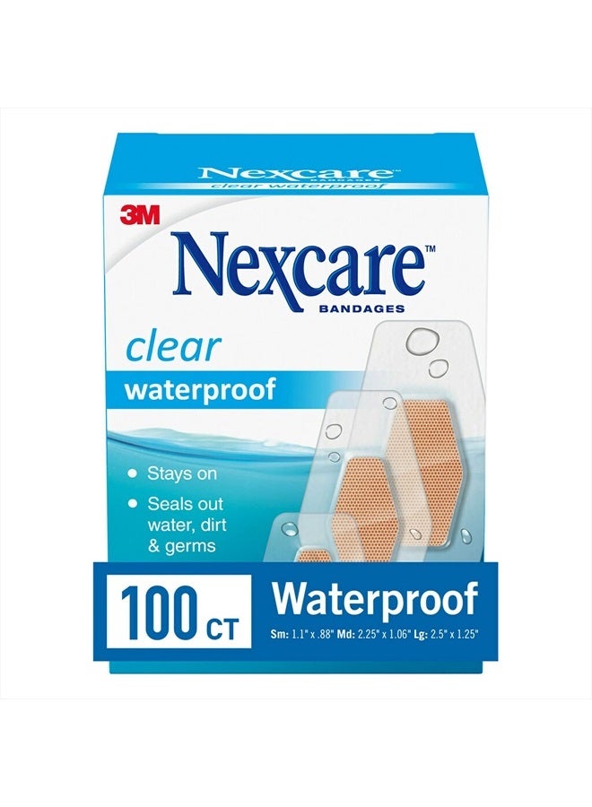 Nexcare Waterproof Bandages, Stays on in the Pool, Holds for 12 Hours, Clear Bandages for Fingers and Elbows - 100 Pack Waterproof Bandages - Image 1