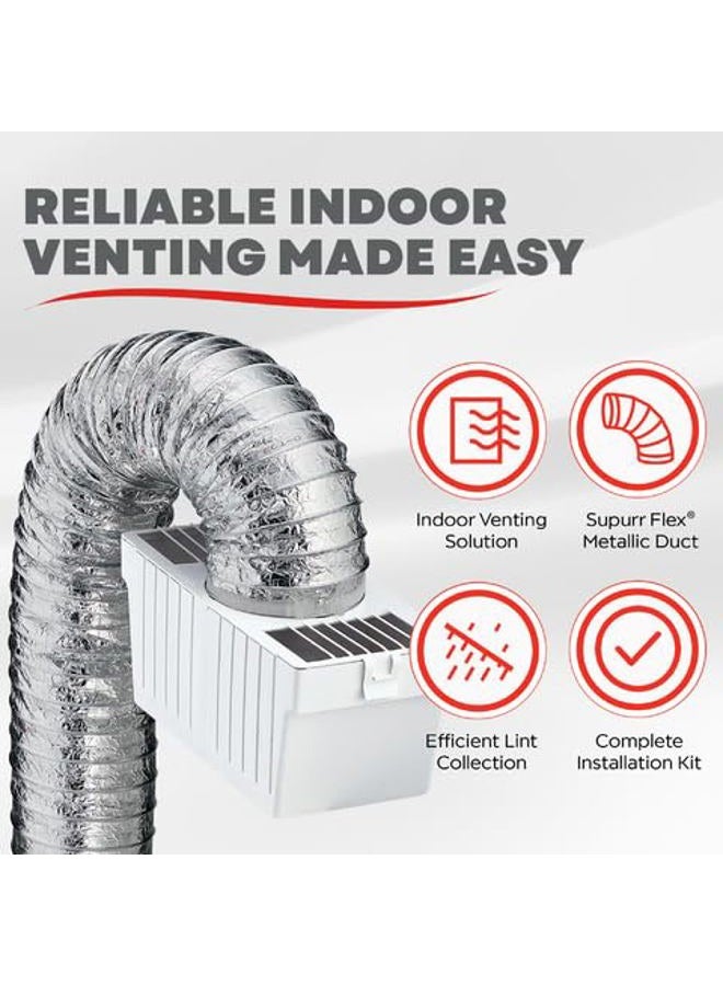 Deflecto مجموعة مصيدة الوبر لفتحة تهوية المجفف الداخلي LTF - حل تهوية موفر للطاقة مع أنبوب مرن Supurr-Flex، خزان بلاستيكي للوبر ومشابك آمنة للمجففات الكهربائية | عبوة من 1 - أبيض/فضي - Image 2