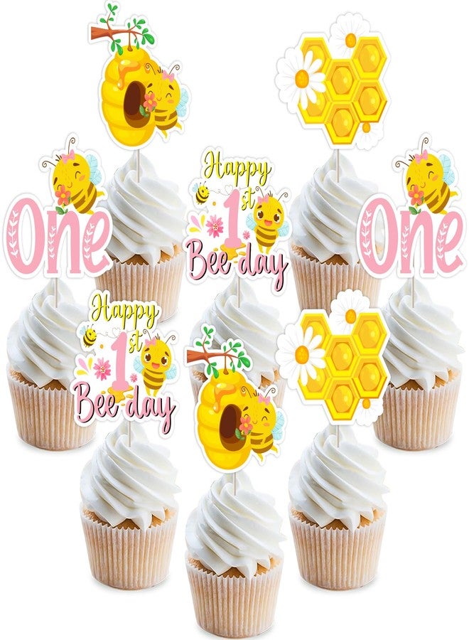Funmemoir Bee 1st Birthday Party Decorations - 36PCS Bee Cupcake Toppers, Pink 1st Bee Day Party Decorations for Girls, Happy Bumble Bee Day Party Decorations, So Sweet to Bee One Party Decorations - Image 1