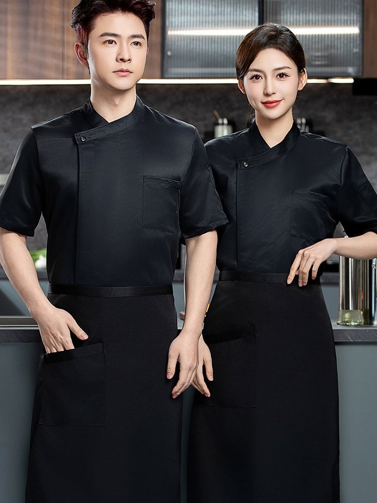 High-End Slant Collar Solid Color Summer Chef Uniform Short-Sleeved Breathable Large Size Catering El Kitchen Labor Protection Work Clothes For Men - Image 3