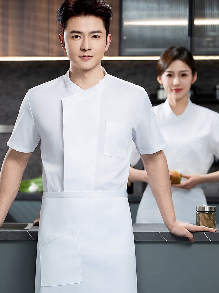 High-End Slant Collar Solid Color Summer Chef Uniform Short-Sleeved Breathable Large Size Catering El Kitchen Labor Protection Work Clothes For Men - Image 2