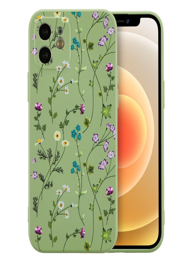 RALEAVO جراب RALEAVO مزين بالزهور لهاتف iPhone 12، غطاء سيليكون سائل بنقشة أغصان الزهور، غطاء هاتف لطيف للفتيات والسيدات، جراب حماية نحيف من المطاط الناعم لهاتف iPhone 12 (6.1 بوصة)، أخضر - Image 1
