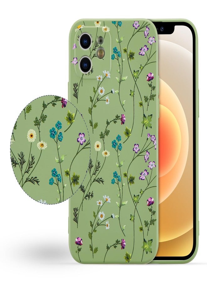 RALEAVO جراب RALEAVO مزين بالزهور لهاتف iPhone 12، غطاء سيليكون سائل بنقشة أغصان الزهور، غطاء هاتف لطيف للفتيات والسيدات، جراب حماية نحيف من المطاط الناعم لهاتف iPhone 12 (6.1 بوصة)، أخضر - Image 5