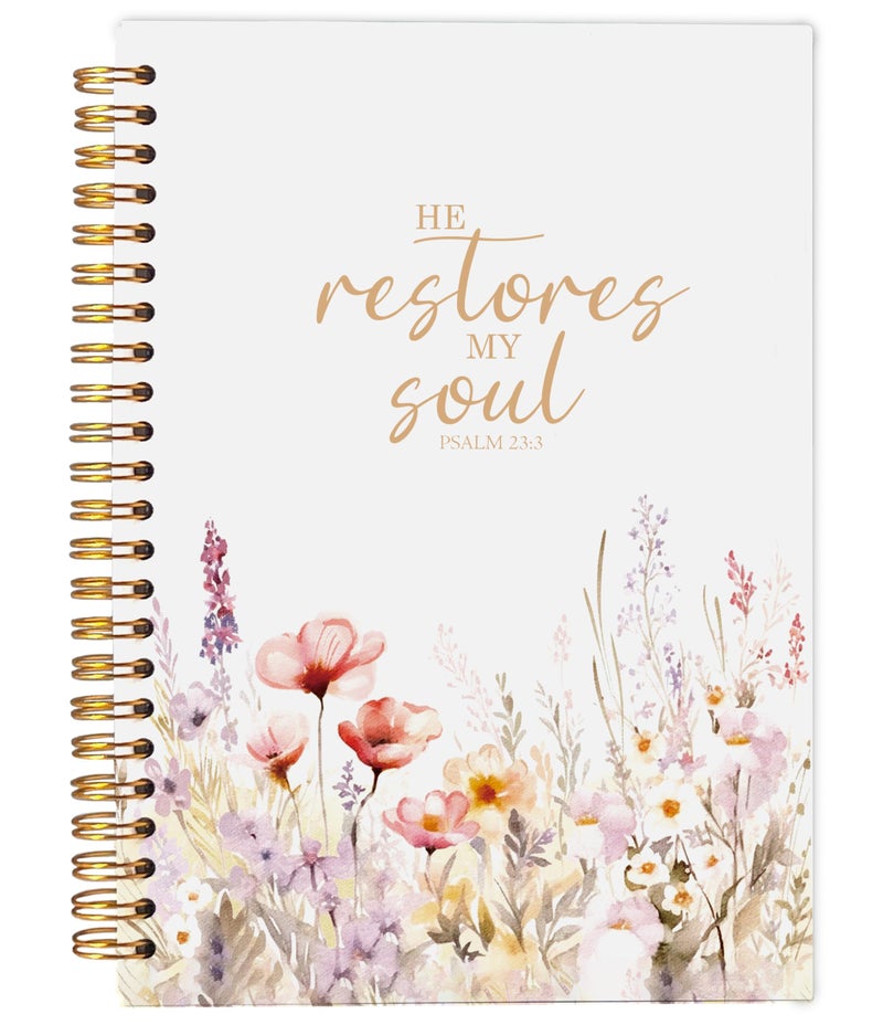 Ecezatik Christian Notebook for Women, Prayer Journal for Women, Bible Journaling Notebook, PSALM 23:3 He Restores My Soul Floral Spiral Notebook 5.5x8.3 - Image 1
