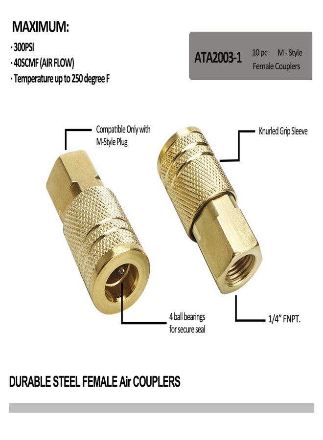 JS Tools 10 Pieces Female Air Coupler Set, 1/4 Inch NPT Thread and Body Size Quick Connect Air Tool, Industrial Grade M-Style Coupler with Brass Finish for Quickly and Safely Disconnect Air Hose - Image 3