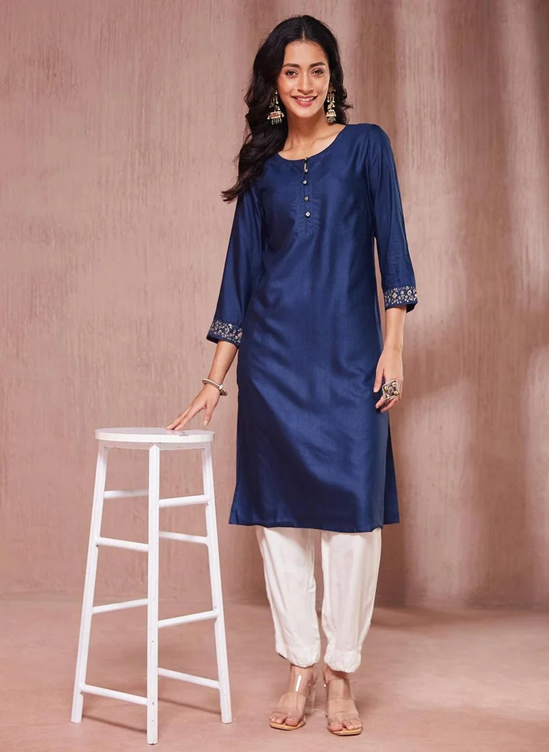 Fabindia Navy Viscose Silk Embroidered Knee Length Kurta