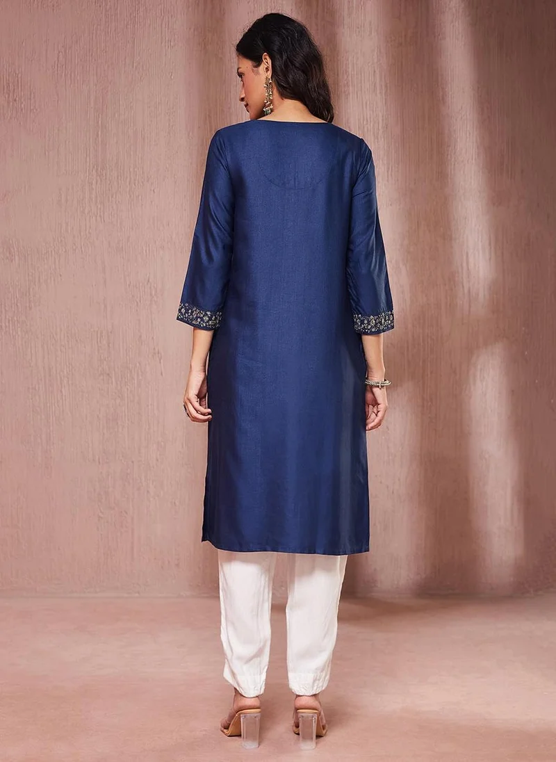 فاب انديا Navy Viscose Silk Embroidered Knee Length Kurta