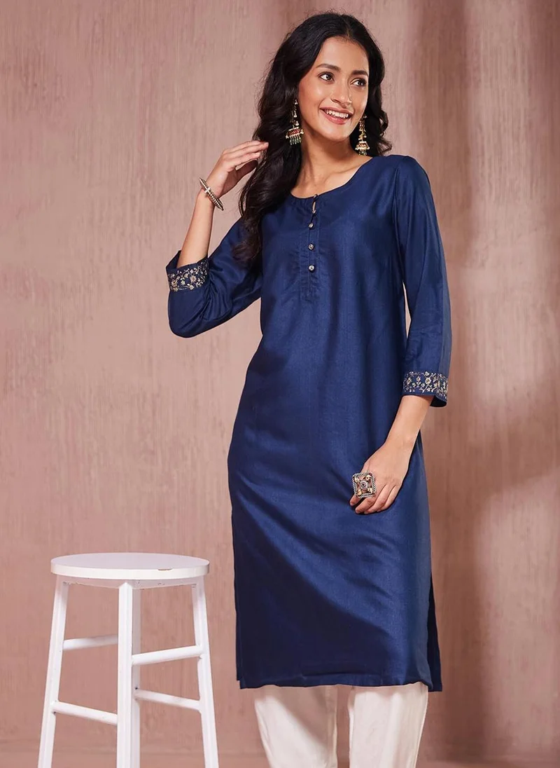 فاب انديا Navy Viscose Silk Embroidered Knee Length Kurta