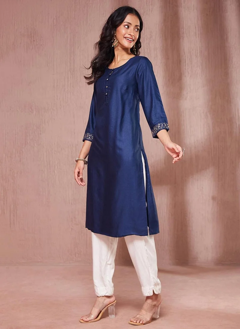 فاب انديا Navy Viscose Silk Embroidered Knee Length Kurta