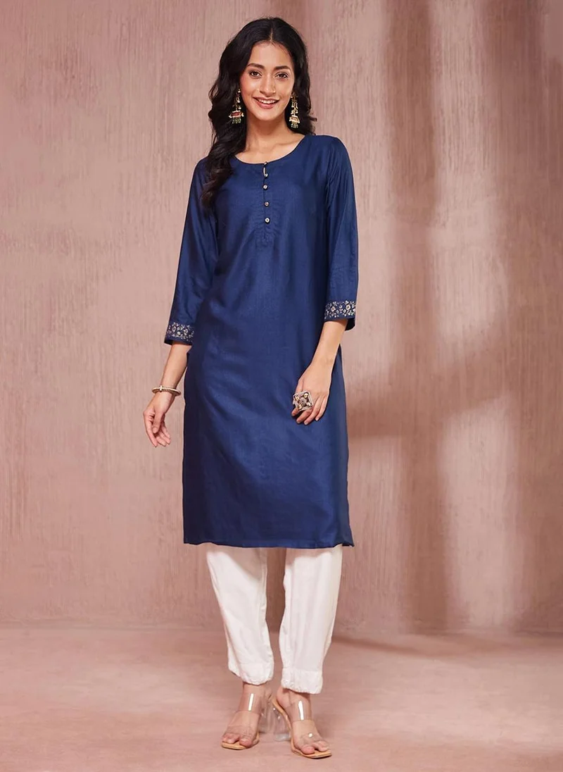 Fabindia Navy Viscose Silk Embroidered Knee Length Kurta