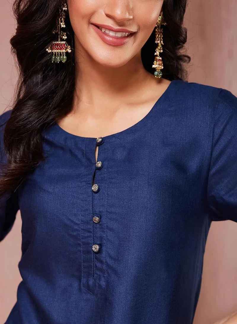 فاب انديا Navy Viscose Silk Embroidered Knee Length Kurta