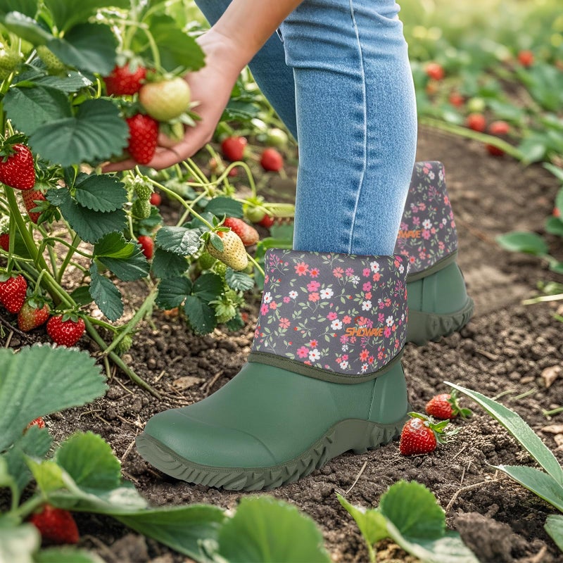 Showave Womenâ€™s Garden Boots Rubber Rain Boots For Women Waterproof Mud Boot Gardening Yard Boot For Farming Working Outdoor(Green/Blossom,Size 8) - Image 2
