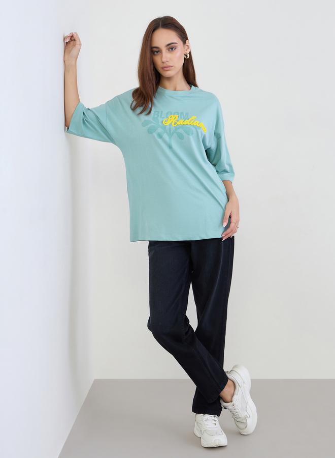 Styli Women Blue Typography Print Oversized T-Shirt with Boucle Embroidery - Image 2