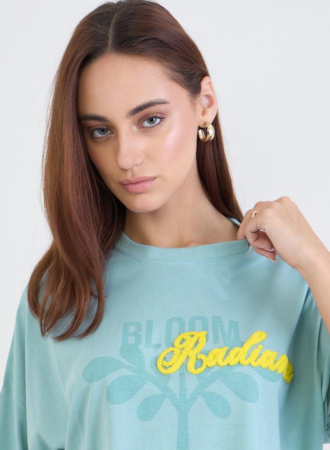 Styli Women Blue Typography Print Oversized T-Shirt with Boucle Embroidery - Image 4