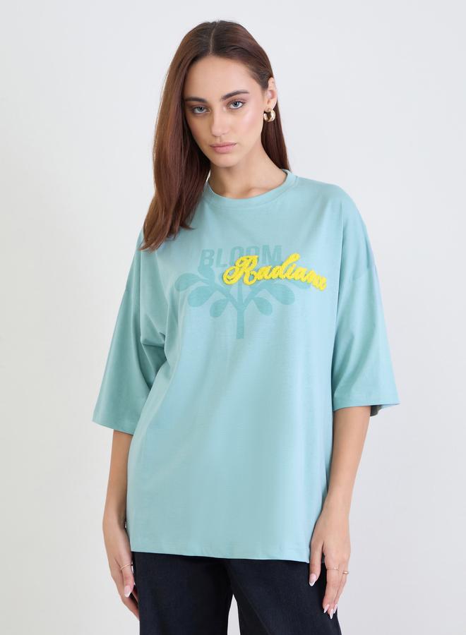 Styli Women Blue Typography Print Oversized T-Shirt with Boucle Embroidery - Image 3