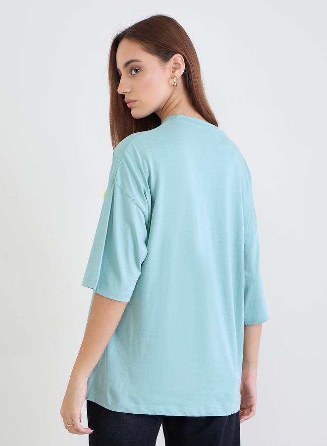 Styli Women Blue Typography Print Oversized T-Shirt with Boucle Embroidery - Image 5