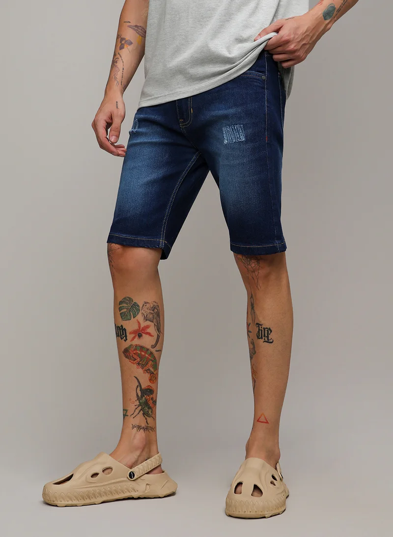كامبوس سوترا Men's Dark Blue Minimal Distressed Denim Shorts