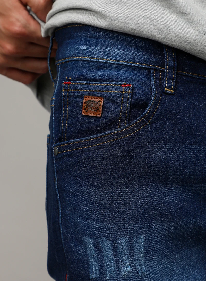 كامبوس سوترا Men's Dark Blue Minimal Distressed Denim Shorts