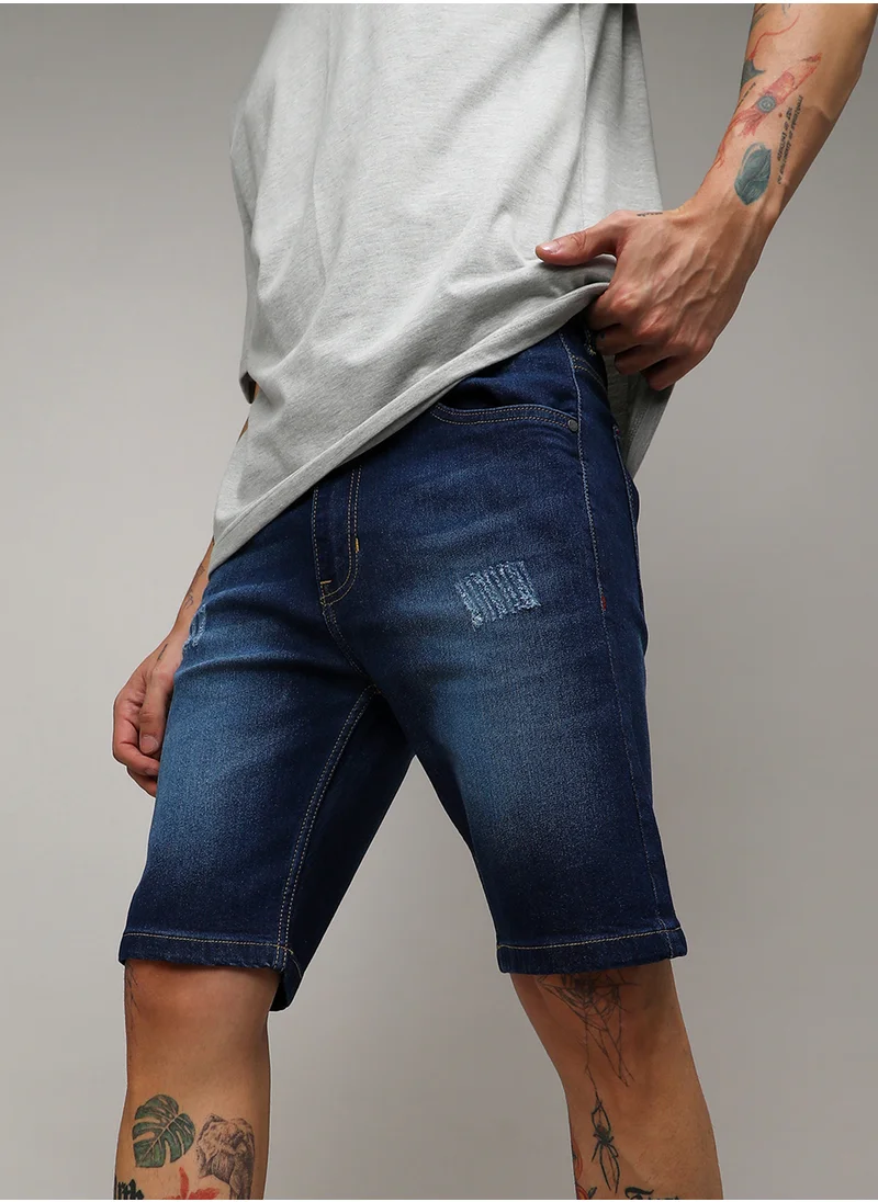 كامبوس سوترا Men's Dark Blue Minimal Distressed Denim Shorts