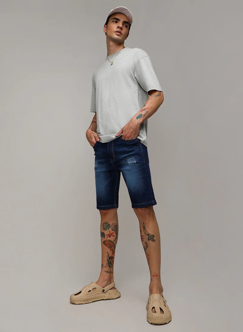 كامبوس سوترا Men's Dark Blue Minimal Distressed Denim Shorts